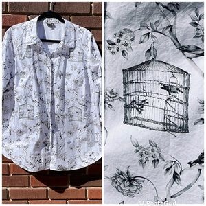 Talbots blouse 2X bird and birdcage toile white and black